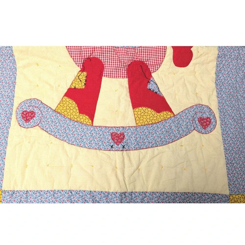 Vintage Handmade Rocking Horse Patchwork Quilt Heart Applique Baby Blanket 40x54